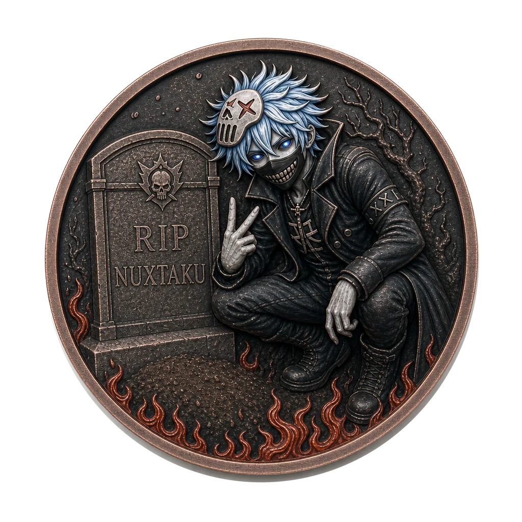 Grave-pose artwork of Nux crouching with a peace sign beside the RIP NUXTAKU gravestone on a copper-toned challenge coin