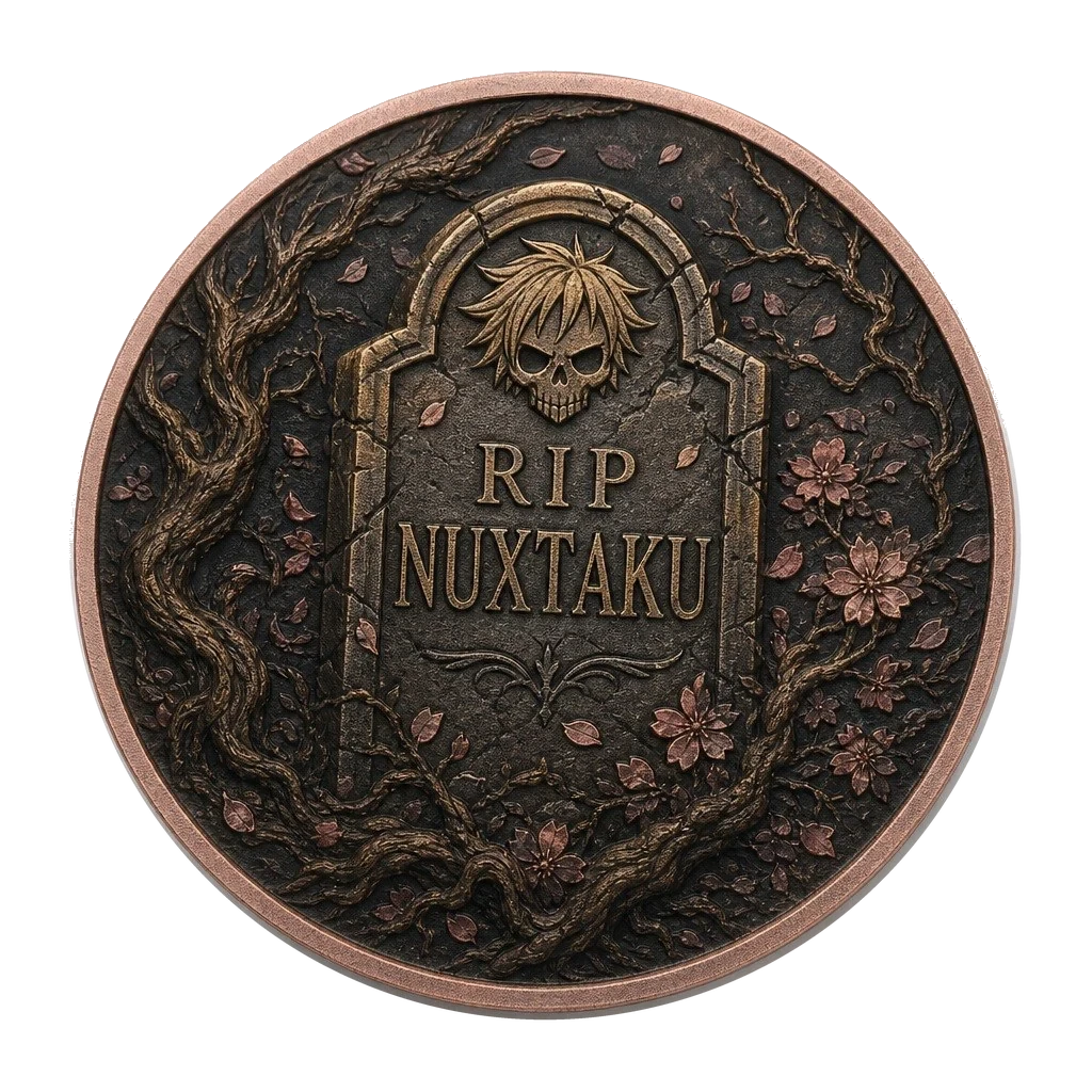 Provisional concept render of the RIP NUXTAKU gravestone coin face framed by branches and blossoms
